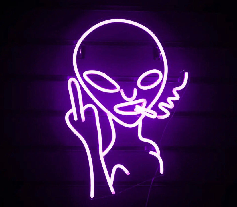 Smoking alien neon sign (purple)